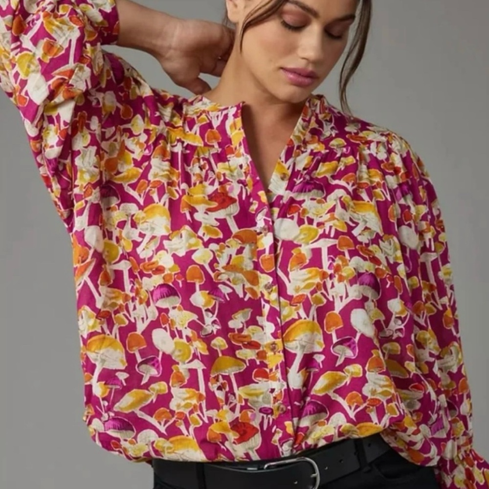Maeve Anthropologie Mushroom Print Button Down Shirt EUC XL
